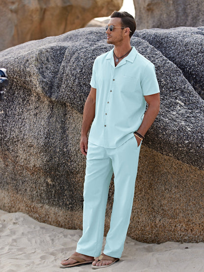 Men's Two-Piece Outfit Set - Short Sleeve – Black Linen – view 13