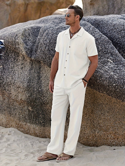 Men's Two-Piece Outfit Set - Short Sleeve – Black Linen – Black option – main product image