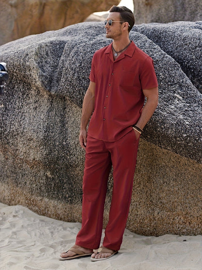 Men's Two-Piece Outfit Set - Short Sleeve – Black Linen – Black option – view 3