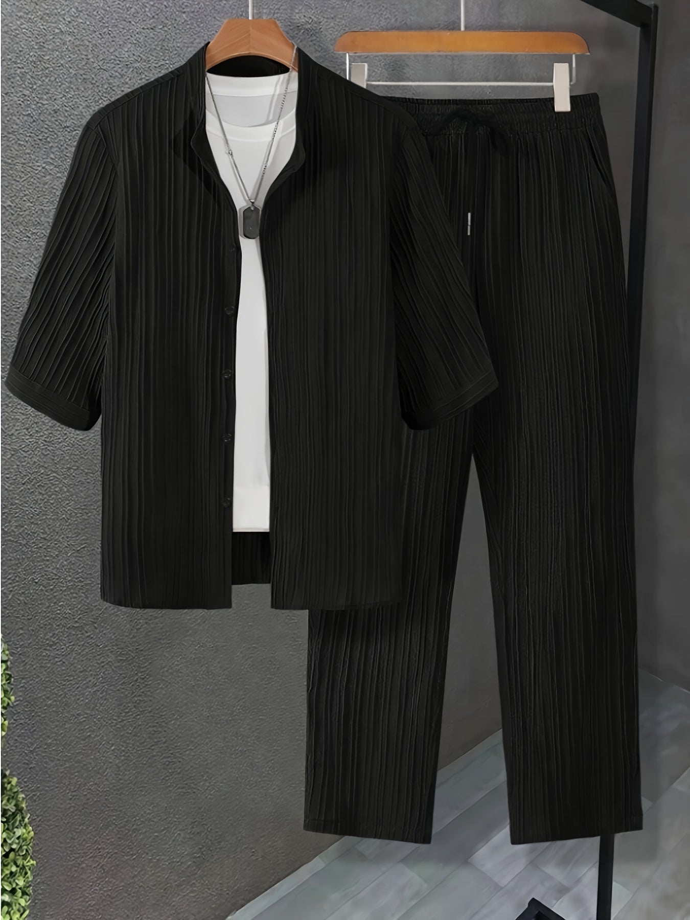 Men's Two-Piece Outfit Set - Short Sleeve – White / Black – view 12