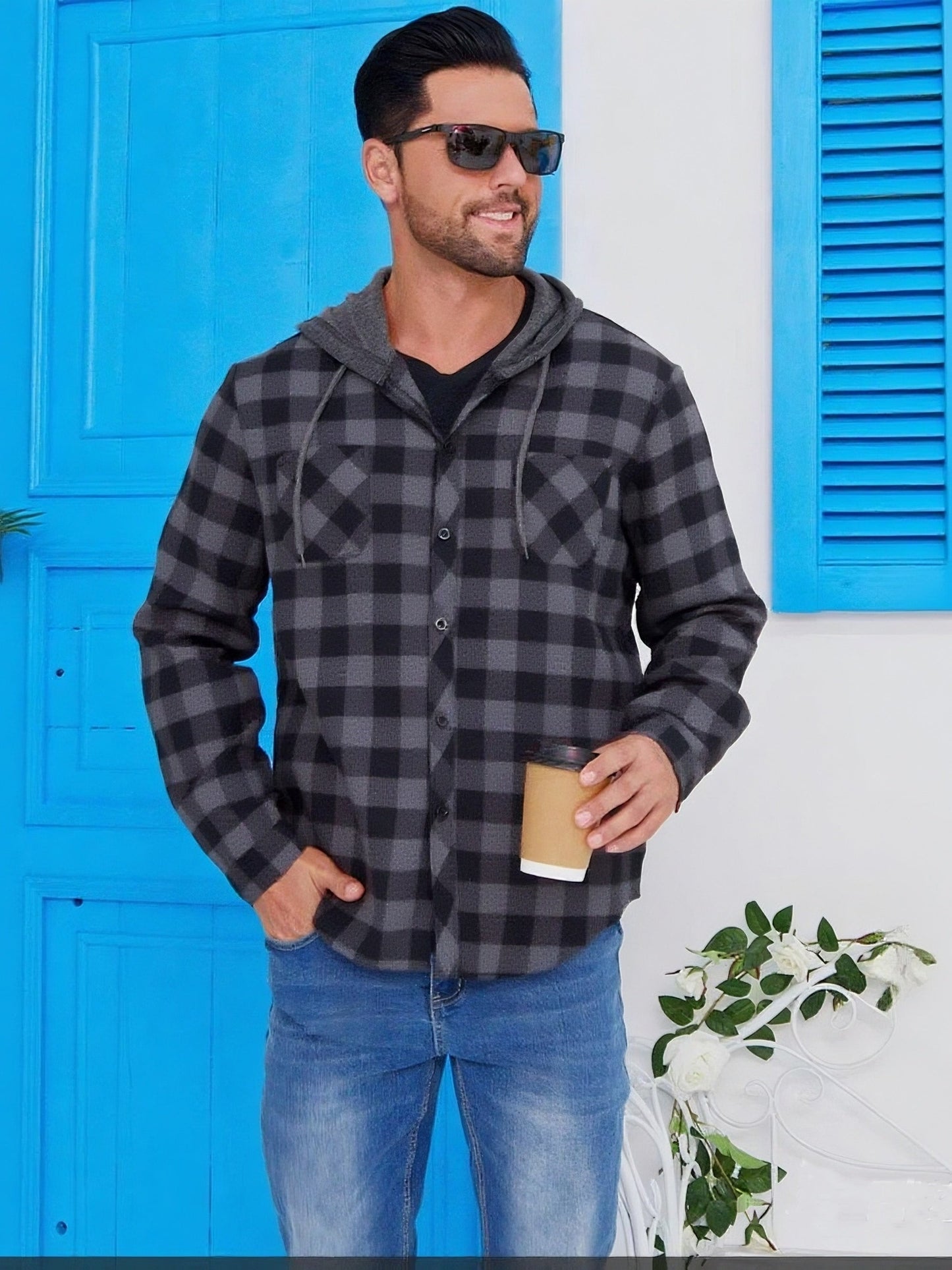 Men's Versatile Plaid Button-Front Hoodie – view 3