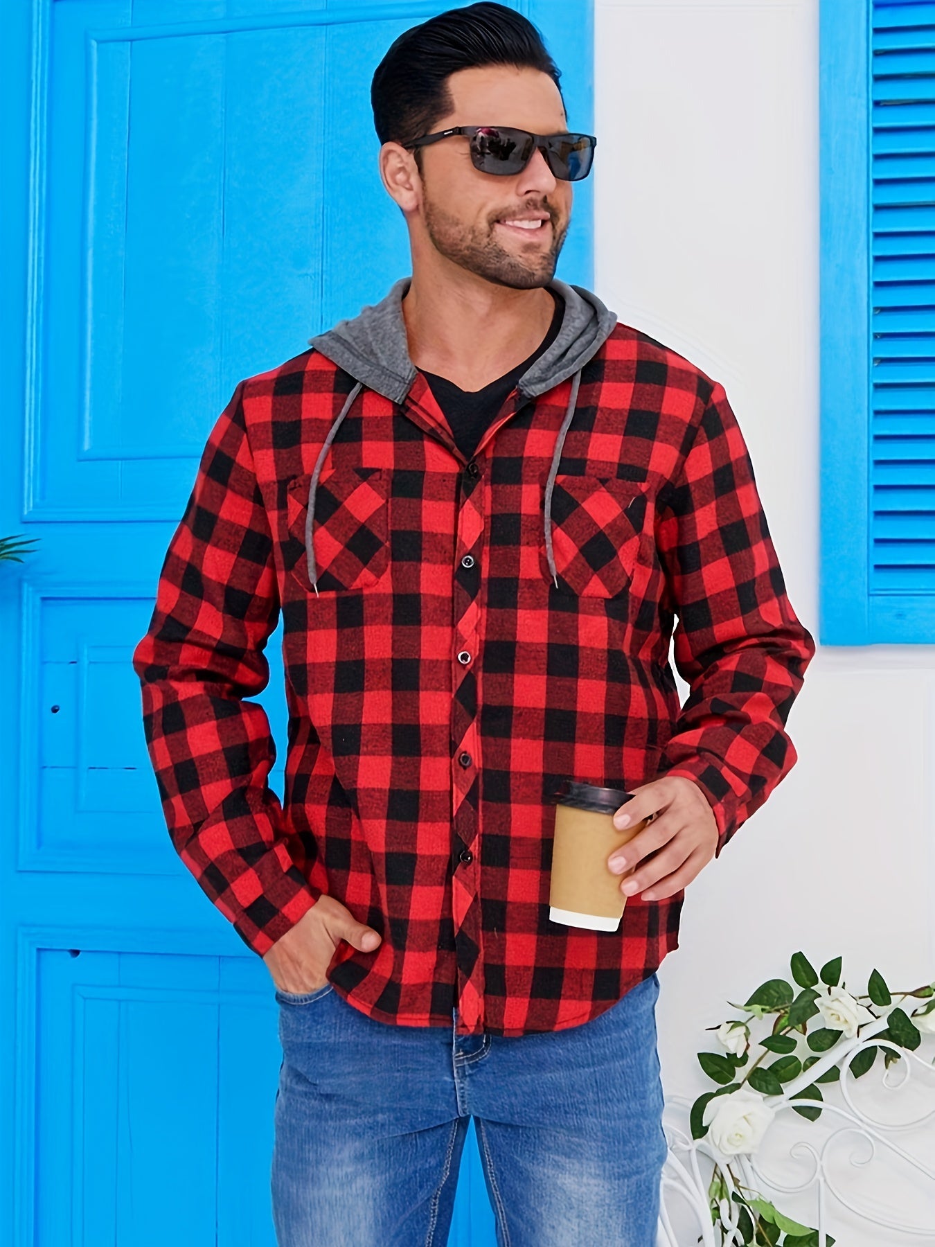 Men's Versatile Plaid Button-Front Hoodie – view 8