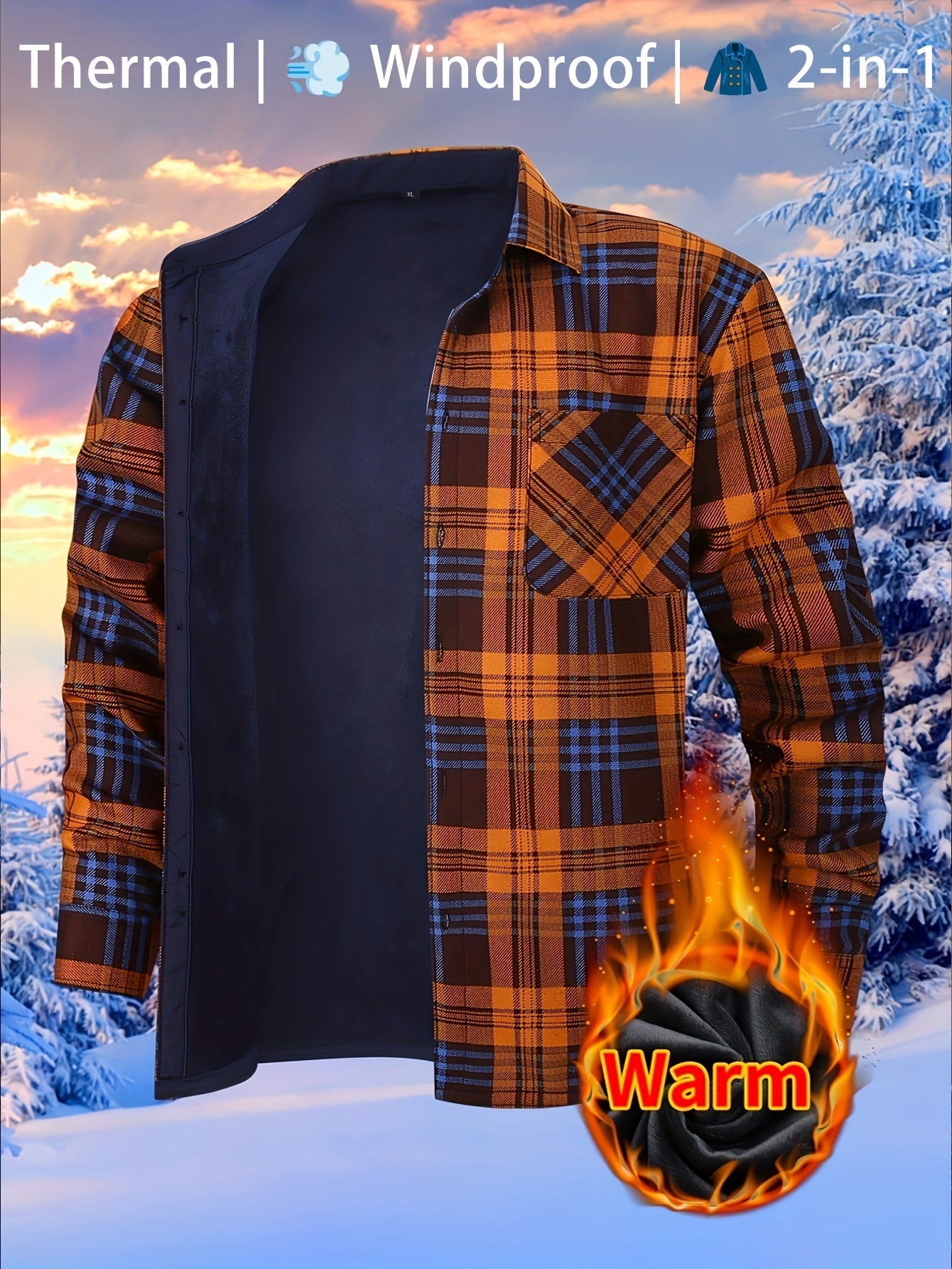 Men's Versatile Plaid Button-Front Jacket – Orange / Sea Blue – Orange option – view 6