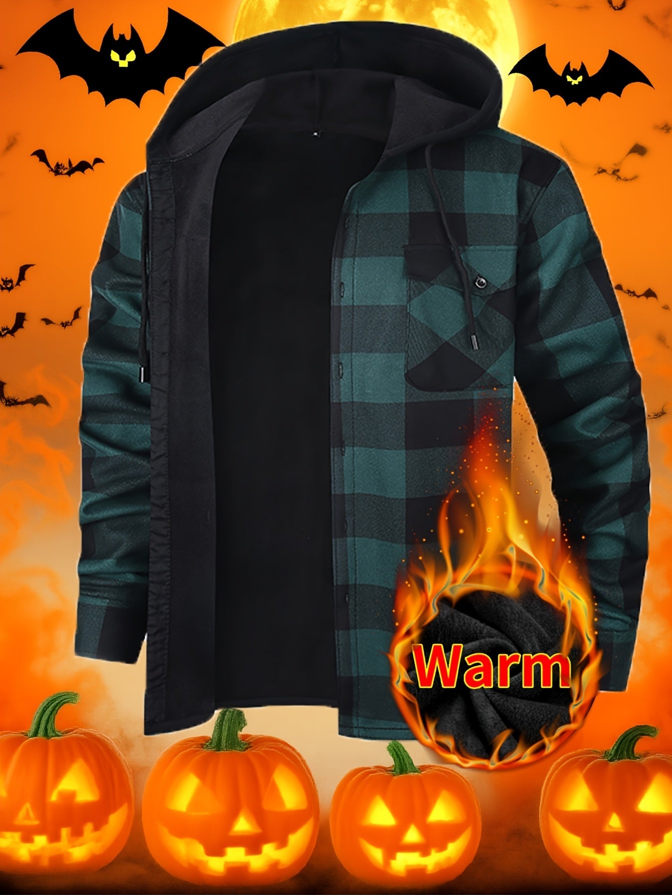 Men's Versatile Plaid Button-Front Jacket – tangerine / Dark Green Plaid – main product image
