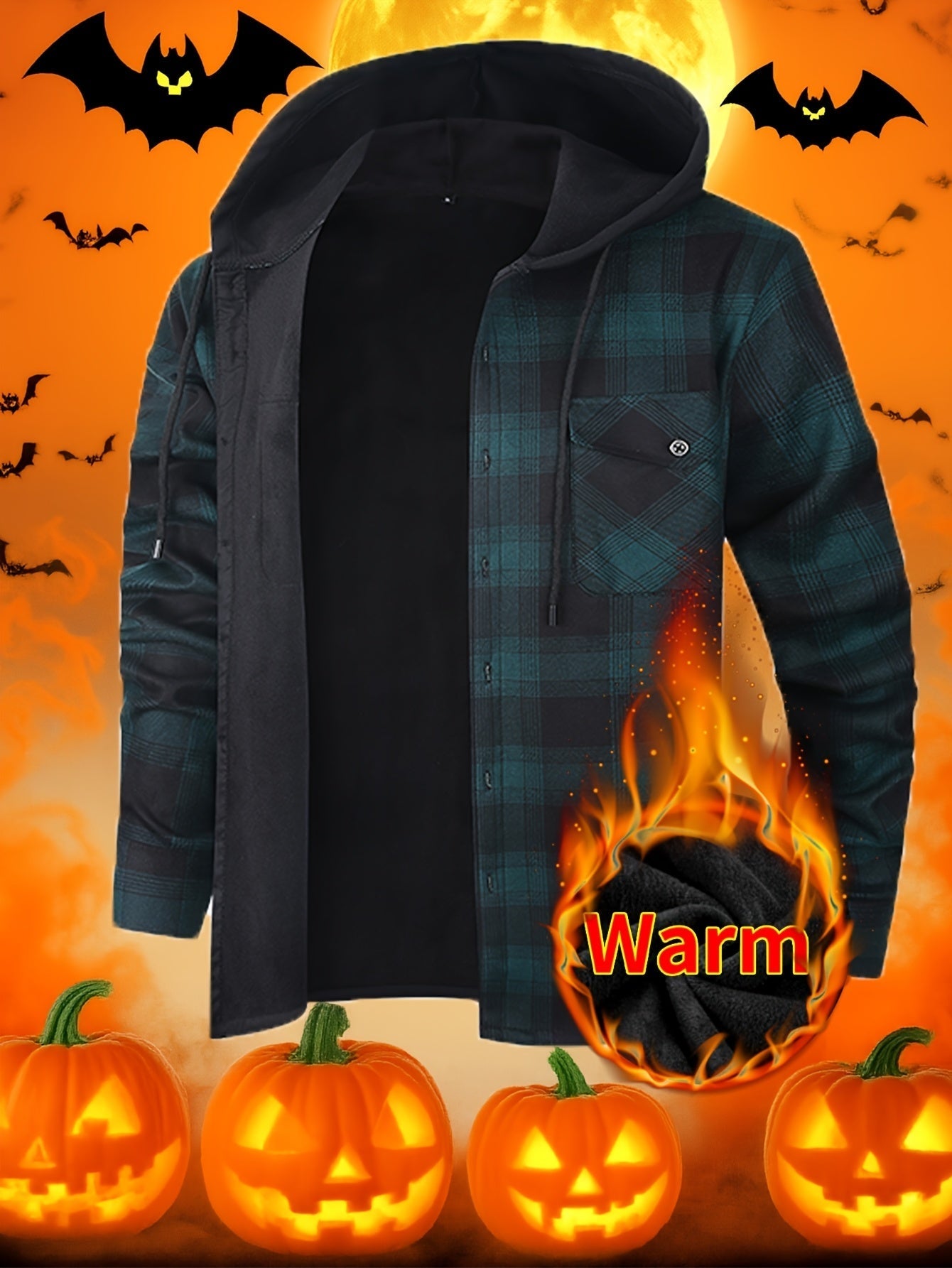 Men's Versatile Plaid Button-Front Jacket – tangerine / Dark Green Plaid – view 15