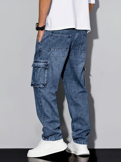 Men's Workwear Straight Leg Jeans - Loose Multi-Pocket Washed Denim – view 2