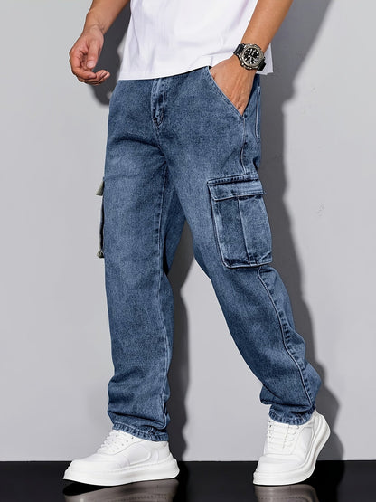 Men's Workwear Straight Leg Jeans - Loose Multi-Pocket Washed Denim – view 3