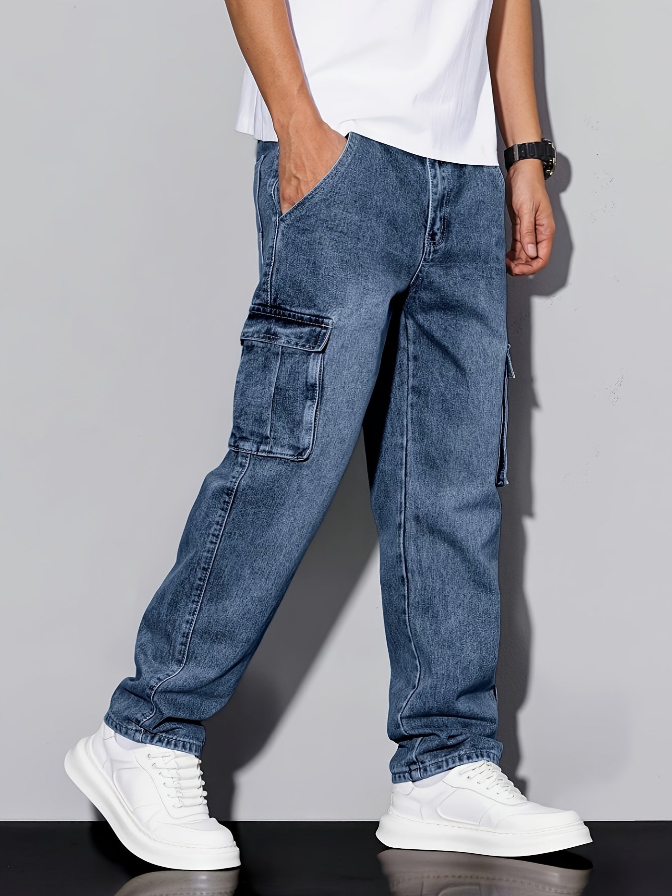 Men's Workwear Straight Leg Jeans - Loose Multi-Pocket Washed Denim – view 4