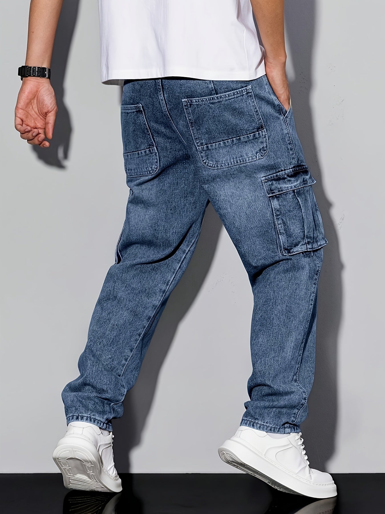 Men's Workwear Straight Leg Jeans - Loose Multi-Pocket Washed Denim – view 5