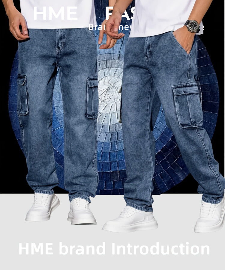 Men's Workwear Straight Leg Jeans - Loose Multi-Pocket Washed Denim – view 7