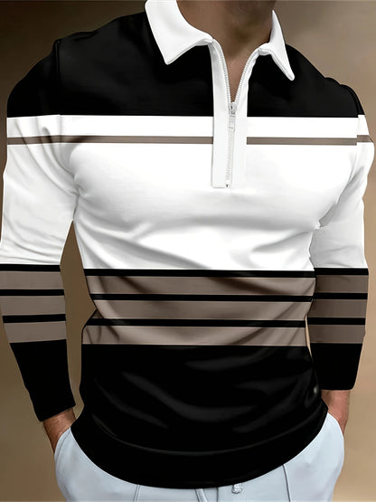 Men's Zip Collar Polo – Striped Long Sleeve Shirt – main product image