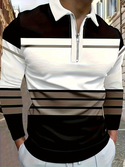 Men's Zip Collar Polo – Striped Long Sleeve Shirt – view 2