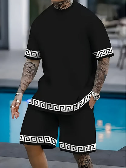 Men's black plus-size Greek key T-shirt and shorts set – view 2