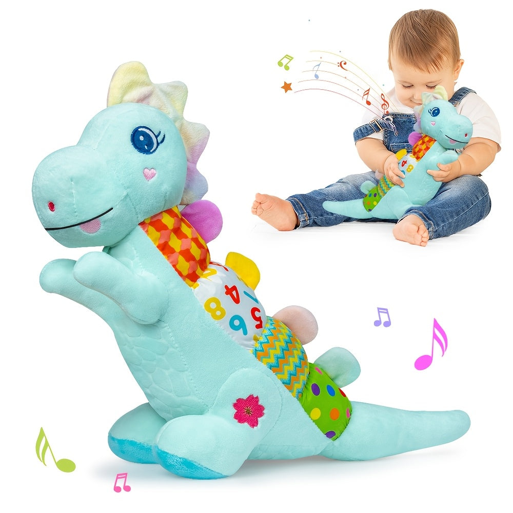 Musical Dinosaur Baby Plush Toy - Crinkle, squeak, rattle and textured sensory details detail view