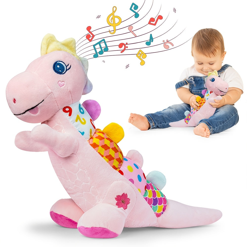 Musical Dinosaur Baby Plush Toy - Crinkle, squeak, rattle and textured sensory details – Pink option – view 3