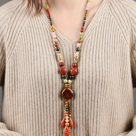 Necklace for Women - Boho Ceramic Bead Long Sweater Chain Vintage Bohemian Earthy Tone for - main product view
