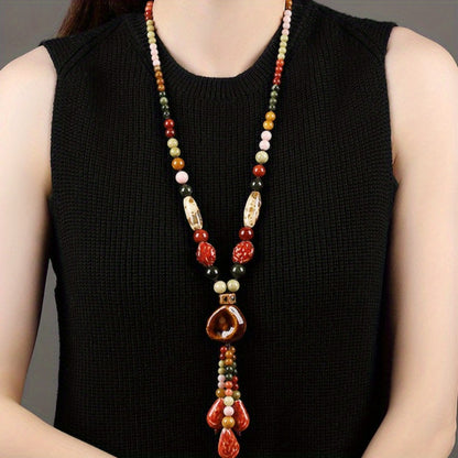 Necklace for Women - Boho Ceramic Bead Long Sweater Chain Vintage Bohemian Earthy Tone for - product detail view 2