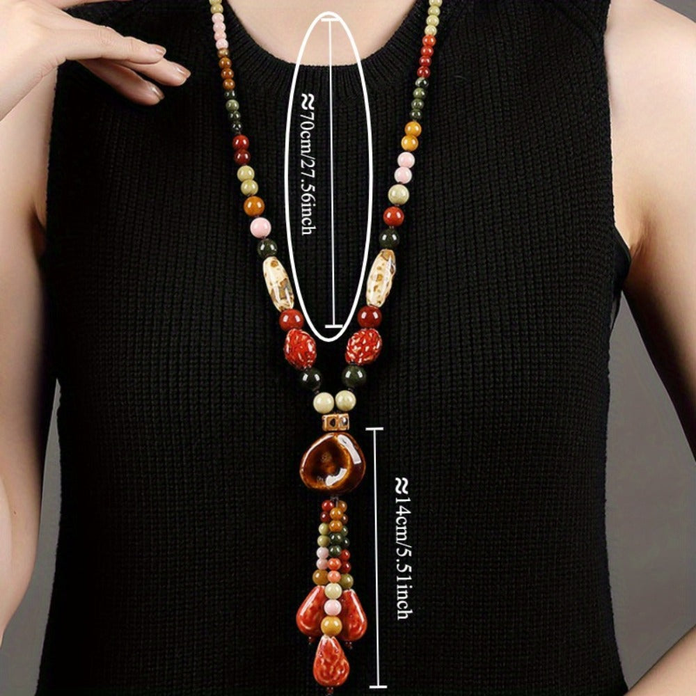 Necklace for Women - Boho Ceramic Bead Long Sweater Chain Vintage Bohemian Earthy Tone for - product detail view 4
