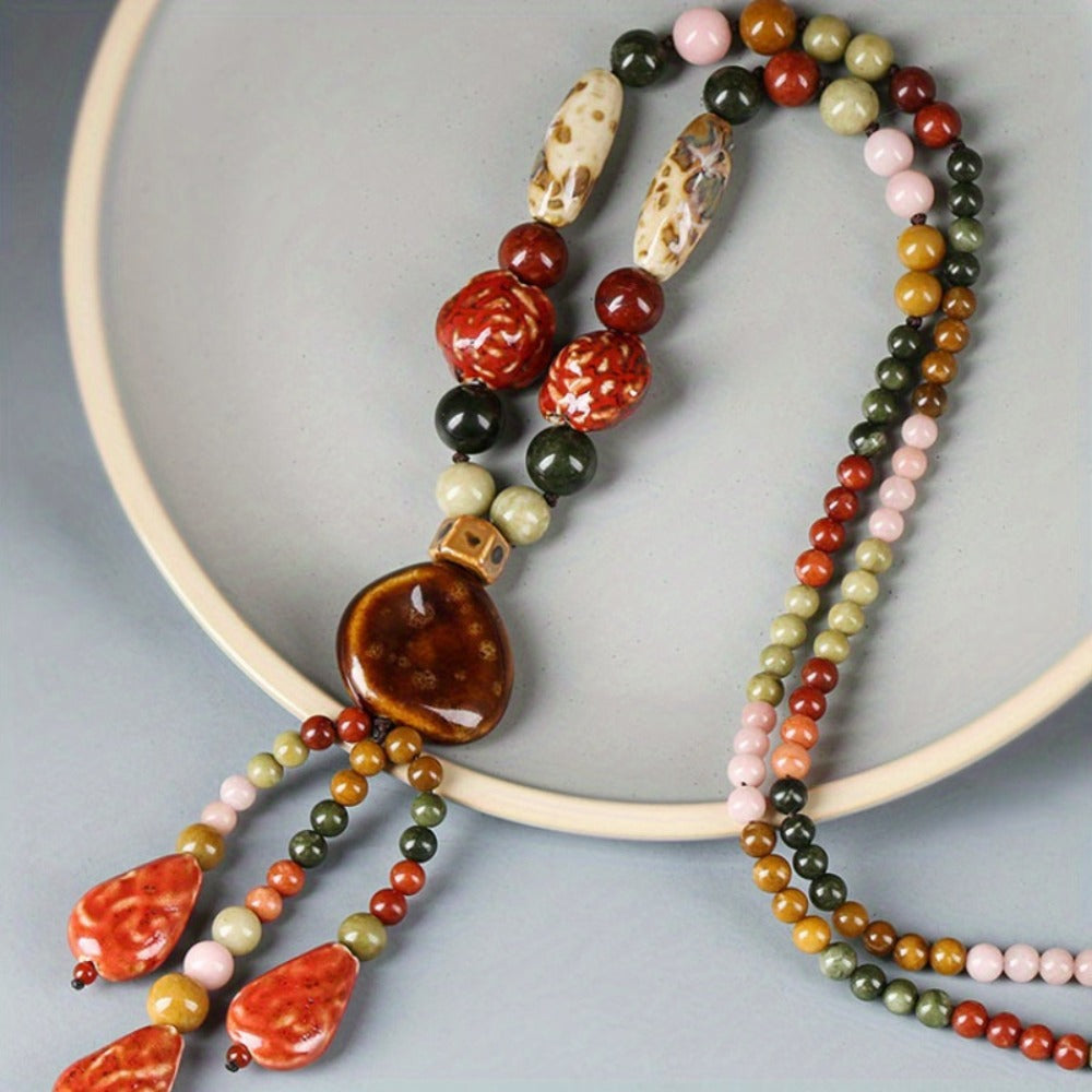Necklace for Women - Boho Ceramic Bead Long Sweater Chain Vintage Bohemian Earthy Tone for - product detail view 5