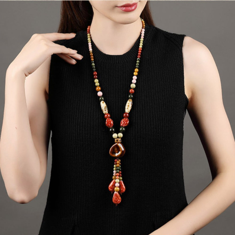Necklace for Women - Boho Ceramic Bead Long Sweater Chain Vintage Bohemian Earthy Tone for - product detail view 6