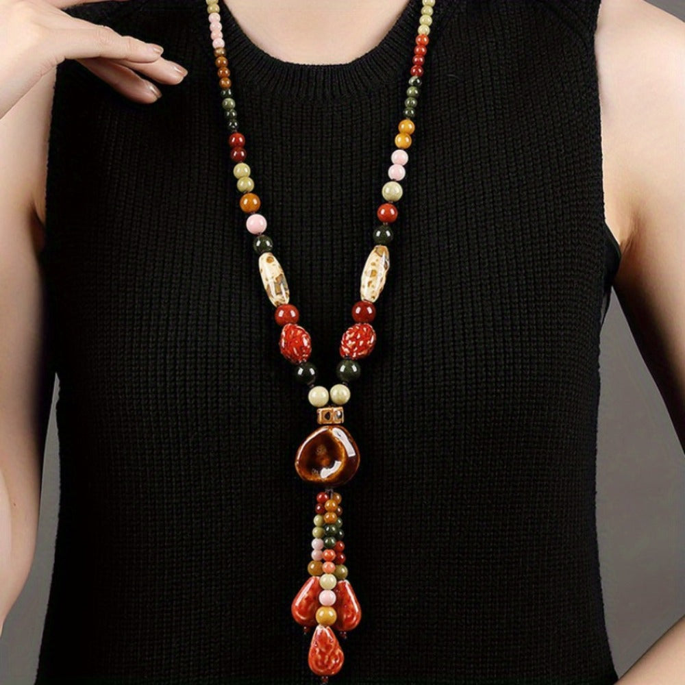 Necklace for Women - Boho Ceramic Bead Long Sweater Chain Vintage Bohemian Earthy Tone for - product detail view 7
