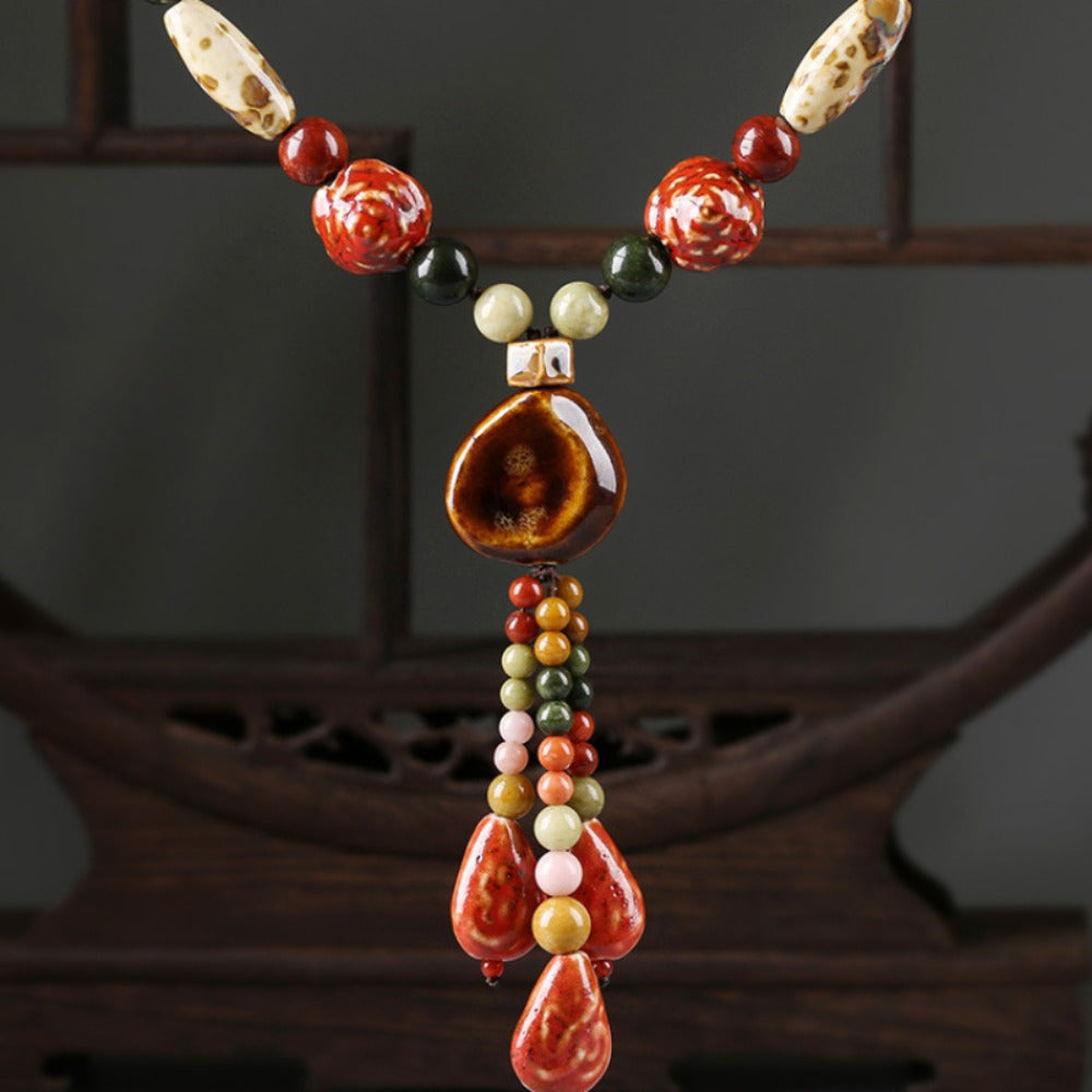 Necklace for Women - Boho Ceramic Bead Long Sweater Chain Vintage Bohemian Earthy Tone for - product detail view 10