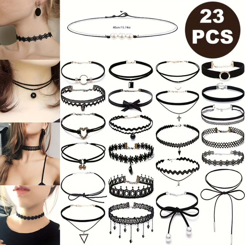 Necklace for Women - Choker Set 23Pcs Vintage Lace Gothic Braided Collar Adjustable Clavicle - product detail view 2