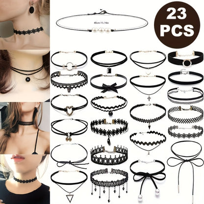 Necklace for Women - Choker Set 23Pcs Vintage Lace Gothic Braided Collar Adjustable Clavicle - product detail view 2