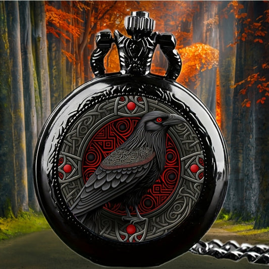 Necklace for Women - Gothic Pocket Watch Raven Design Quartz Movement Black Red Accents Alloy - main product view