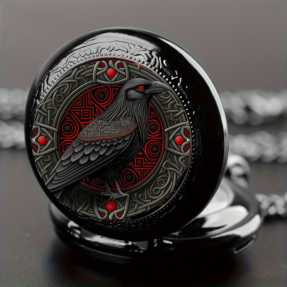 Necklace for Women - Gothic Pocket Watch Raven Design Quartz Movement Black Red Accents Alloy - product detail view 2