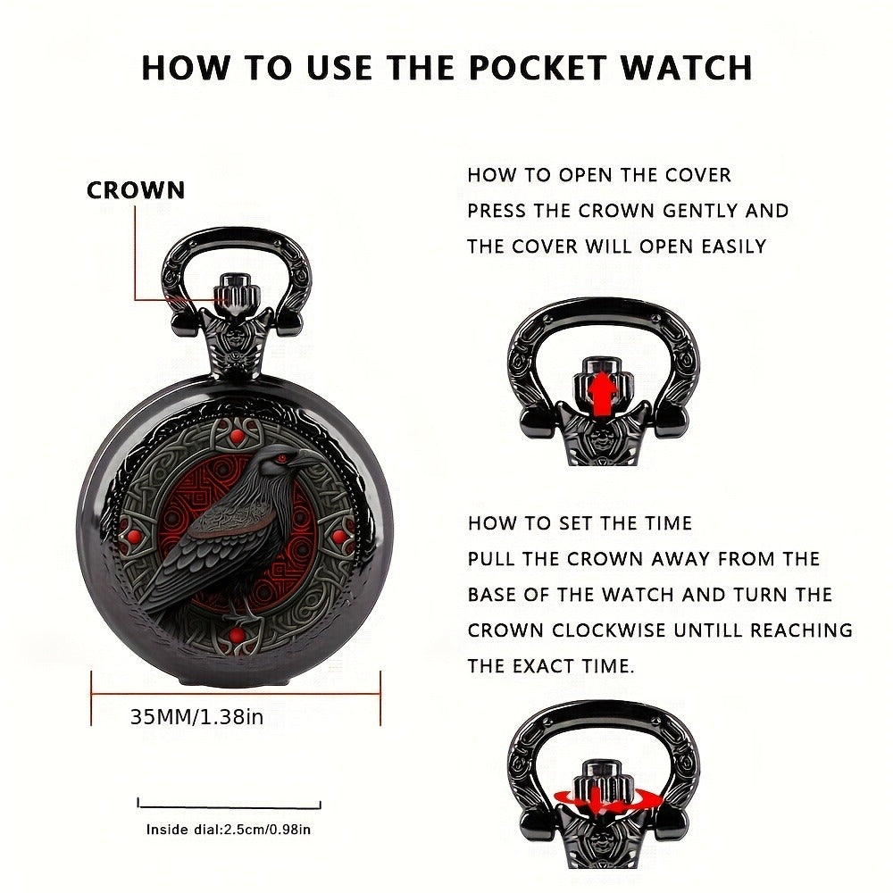 Necklace for Women - Gothic Pocket Watch Raven Design Quartz Movement Black Red Accents Alloy - product detail view 4