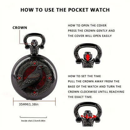 Necklace for Women - Gothic Pocket Watch Raven Design Quartz Movement Black Red Accents Alloy - product detail view 4