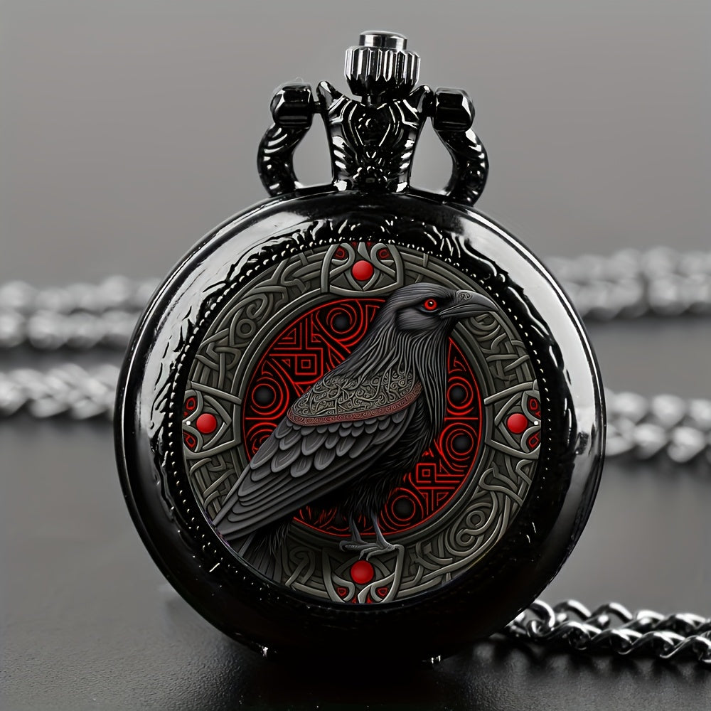 Necklace for Women - Gothic Pocket Watch Raven Design Quartz Movement Black Red Accents Alloy - product detail view 8