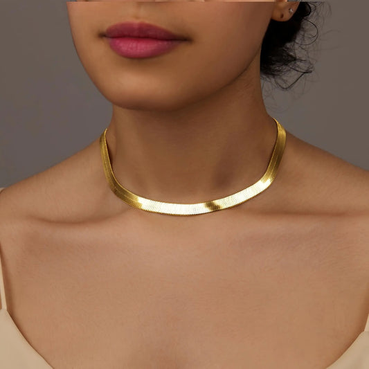 Necklace for Women - Herringbone 14K Gold Plated Stainless Steel Thick Serpentine Chain Collar - main product view