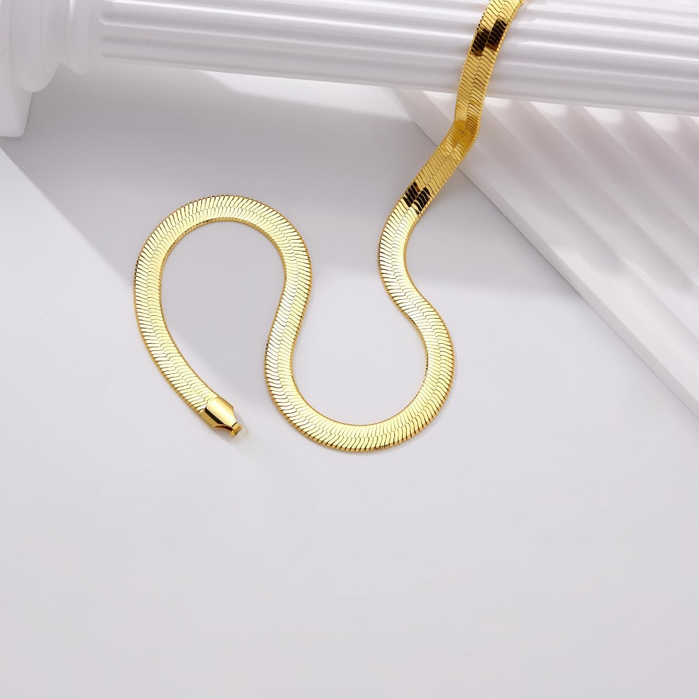 Necklace for Women - Herringbone 14K Gold Plated Stainless Steel Thick Serpentine Chain Collar - product detail view 2