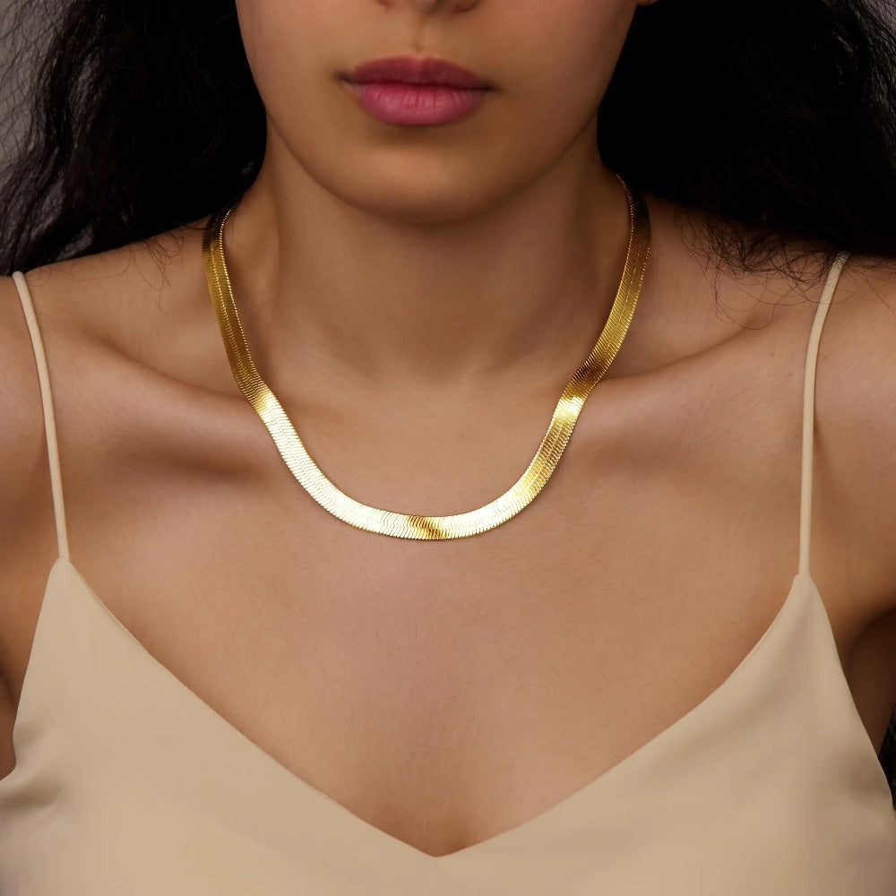 Necklace for Women - Herringbone 14K Gold Plated Stainless Steel Thick Serpentine Chain Collar - product detail view 3
