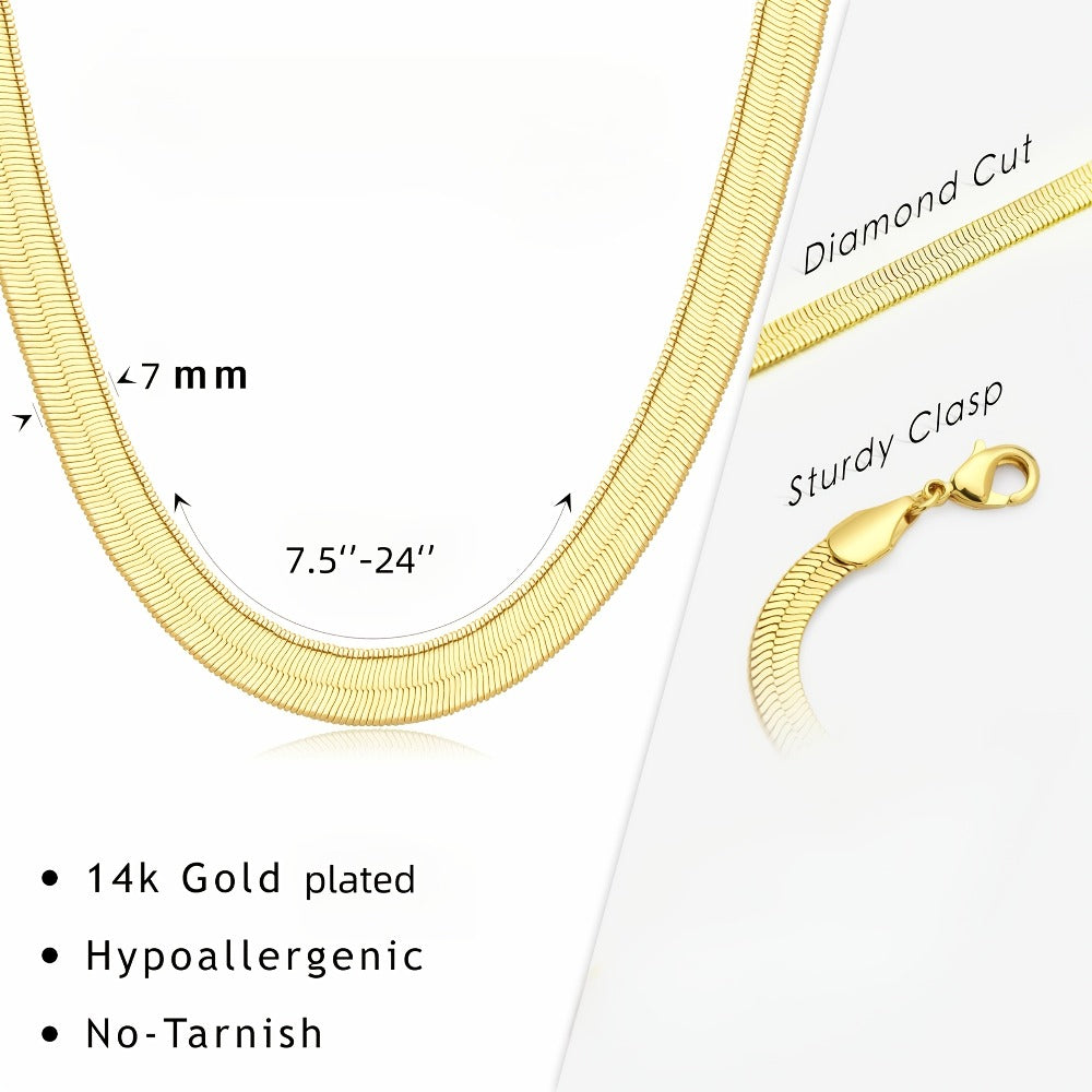 Necklace for Women - Herringbone 14K Gold Plated Stainless Steel Thick Serpentine Chain Collar - product detail view 5