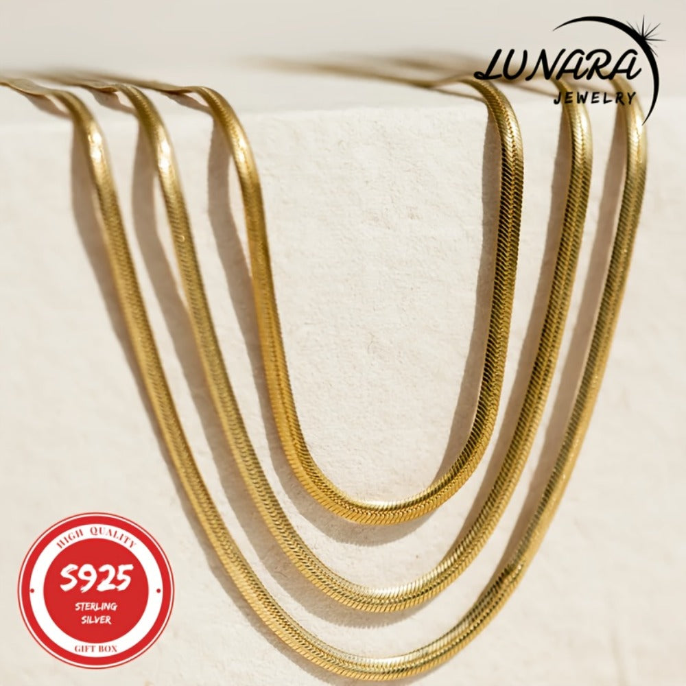 Necklace for Women - Herringbone 925 Sterling Silver 3.5mm Flat Snake Chain Men 24K Gold Plated - product detail view 5