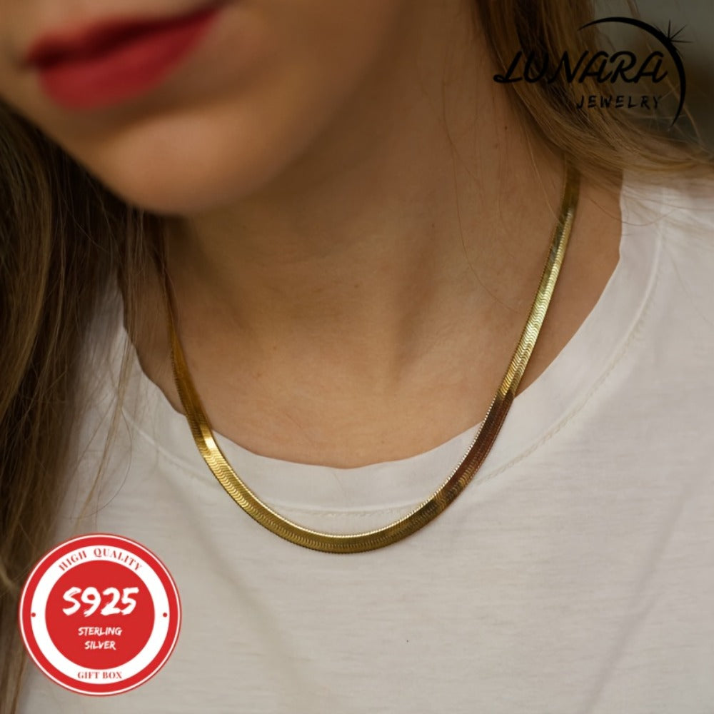Necklace for Women - Herringbone 925 Sterling Silver 3.5mm Flat Snake Chain Men 24K Gold Plated - product detail view 6