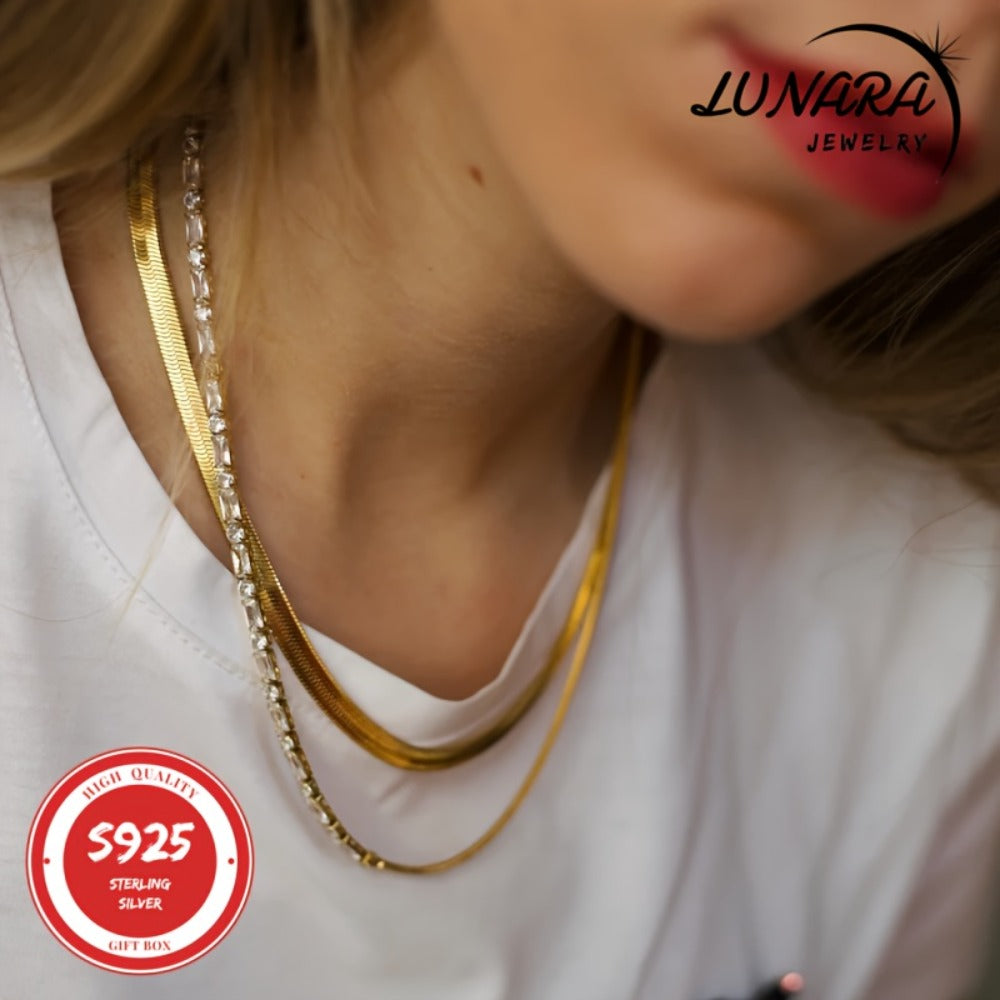 Necklace for Women - Herringbone 925 Sterling Silver 3.5mm Flat Snake Chain Men 24K Gold Plated - product detail view 7