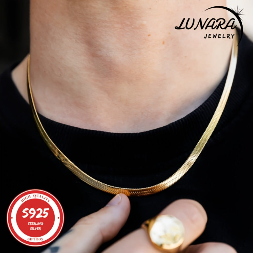 Necklace for Women - Herringbone 925 Sterling Silver 3.5mm Flat Snake Chain Men 24K Gold Plated - product detail view 9