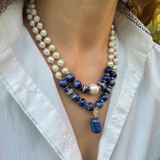 Necklace for Women - Lapis Lazuli for Handmade Natural Dark Blue Stone & Pearl Beaded Choker - main product view