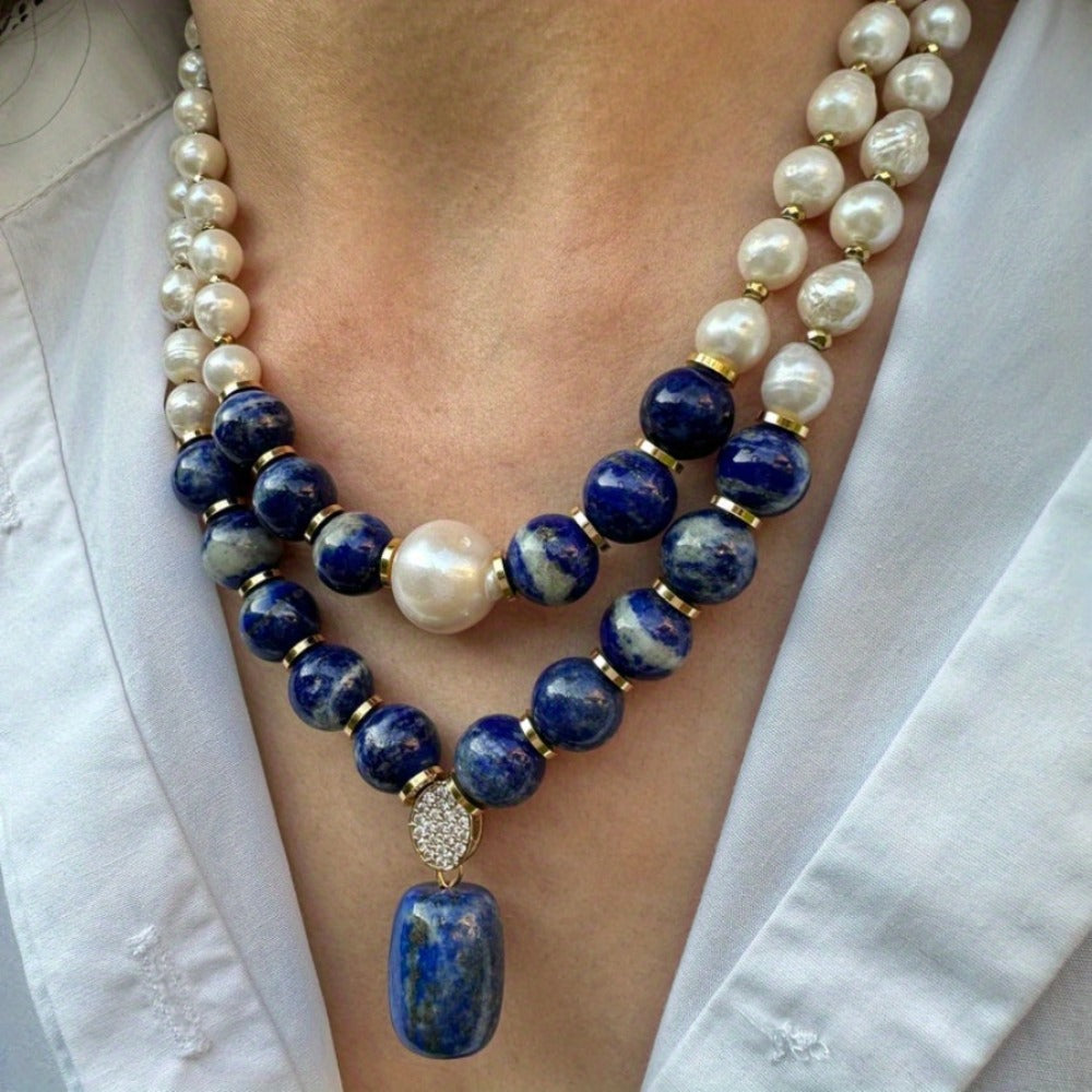 Necklace for Women - Lapis Lazuli for Handmade Natural Dark Blue Stone & Pearl Beaded Choker - product detail view 6