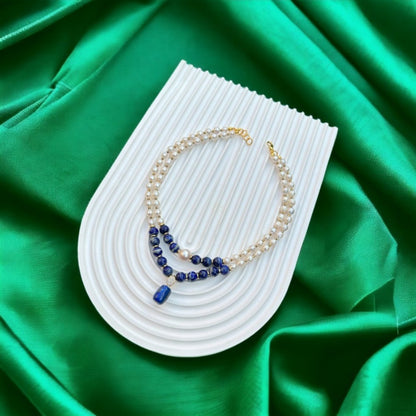 Necklace for Women - Lapis Lazuli for Handmade Natural Dark Blue Stone & Pearl Beaded Choker - product detail view 8