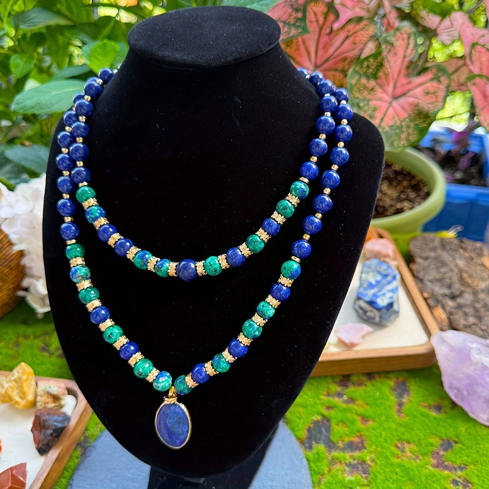 Necklace for Women - Lapis Lazuli Set 2pcs - Natural Stone Phoenix Double Layer Boho , Blue - product detail view 2