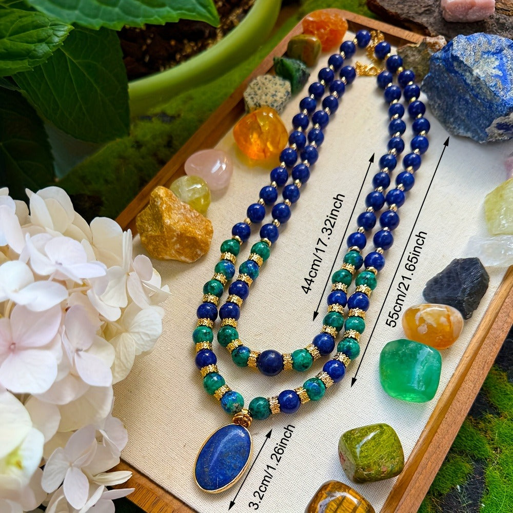 Necklace for Women - Lapis Lazuli Set 2pcs - Natural Stone Phoenix Double Layer Boho , Blue - product detail view 3