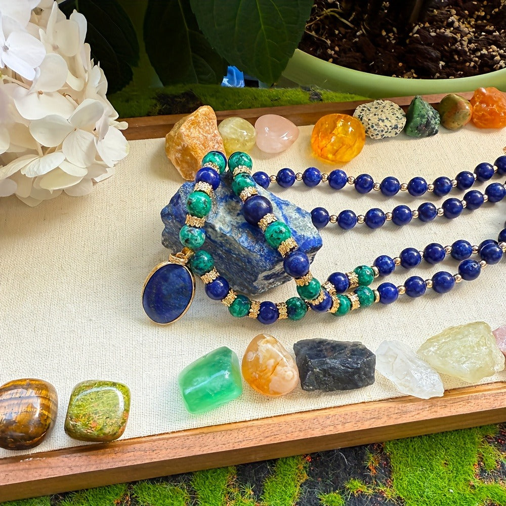 Necklace for Women - Lapis Lazuli Set 2pcs - Natural Stone Phoenix Double Layer Boho , Blue - product detail view 4