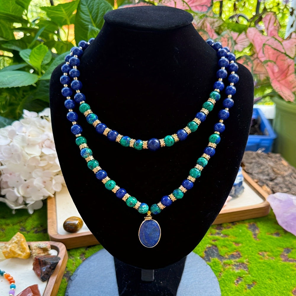 Necklace for Women - Lapis Lazuli Set 2pcs - Natural Stone Phoenix Double Layer Boho , Blue - product detail view 5