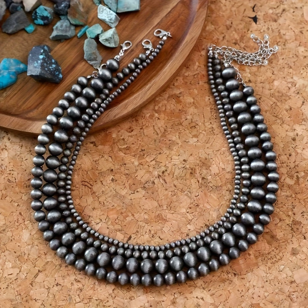 Necklace for Women - Layered Beaded Set 4pcs Western Country Style Boho Stacking Gun Black - product detail view 3