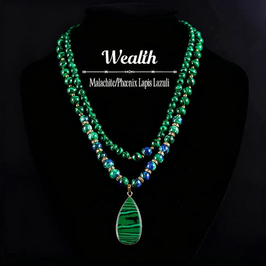 Necklace for Women - Malachite Set 2Pcs - Natural Stone Beads Lapis Lazuli Wealth , Handmade - main product view